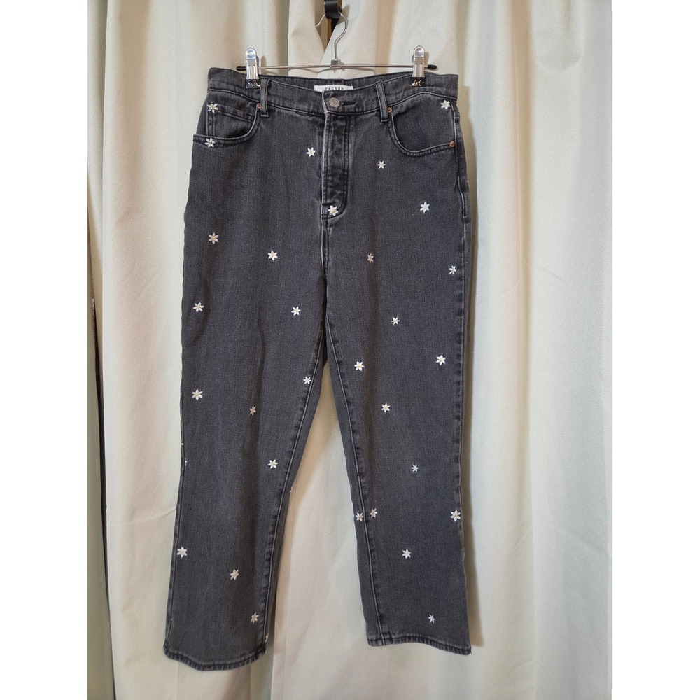 PacSun High Rise Straight Leg Daisy Embroidered Black Jeans 28 Floral Denim